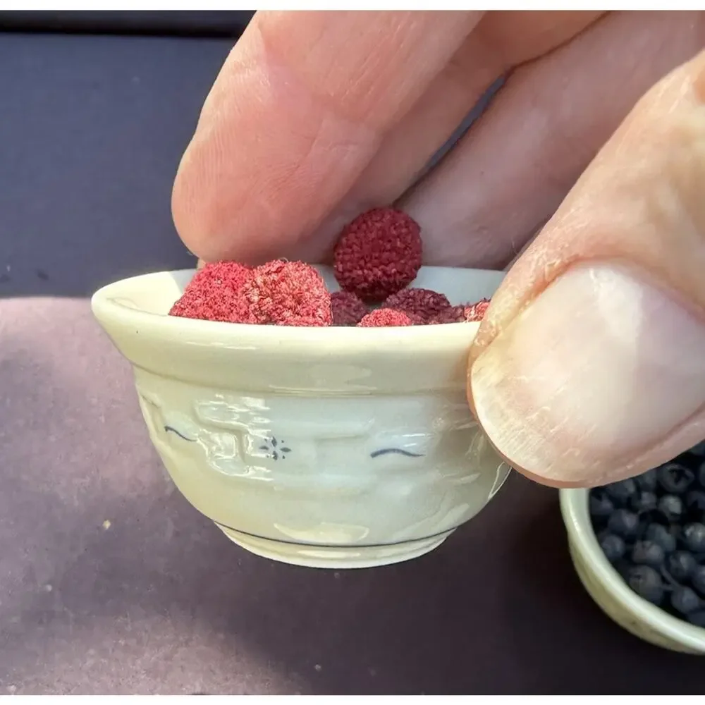 Longaberger Pottery Miniature Mixing Bowls Berries Dough Wrought Iron Stand Mint